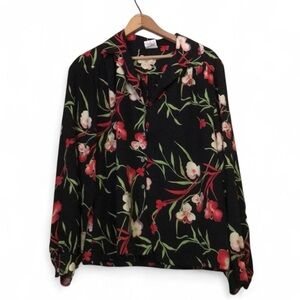 Bleyle Women’s 14 Vintage 90s Black Floral Romantic Button Up Long Sleeve Blouse